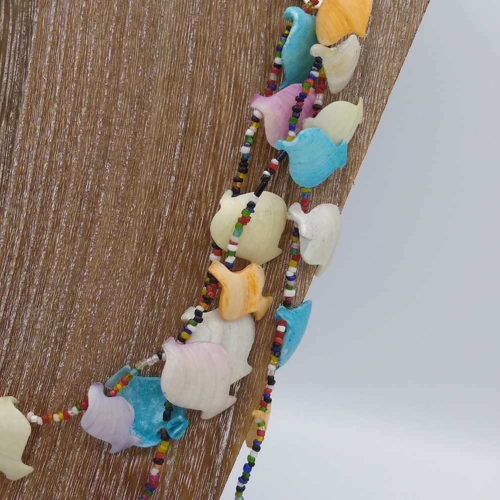 Pastel Dyed Seashell Fish Colorful Multi Strand Seed Bead Necklace 27" Vintage - Picture 6 of 14